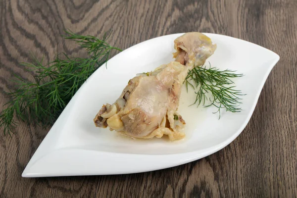 Boiled Chicken Leg Served Dill Wooden Background — Stock Photo, Image