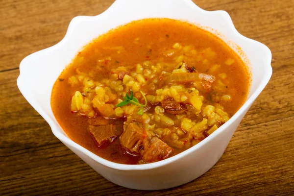 Caucasian Kharcho soup over wooden background — Stock Image Caucasian Kharcho Soup Wooden Background Stock Image