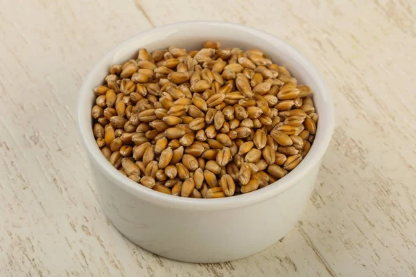 Wheat grains in the bowl over wooden background