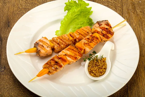 Grilled Salmon Skewer Dijon Mustars Sauce — Stock Photo, Image