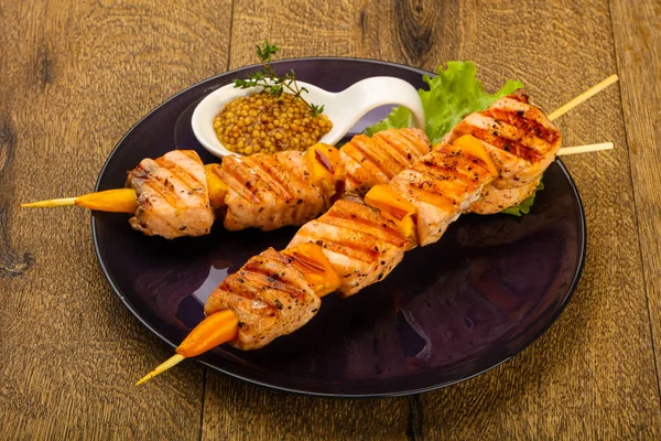 Grilled Salmon Skewer Dijon Mustars Sauce — Stock Photo, Image