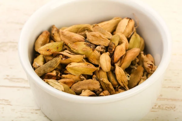 Cardamom Heap Bowl Wooden Background — Stock Photo, Image