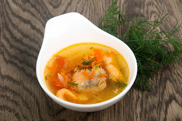 Sopa Pescado Salmón Plato Blanco Sobre Fondo Madera — Foto de Stock