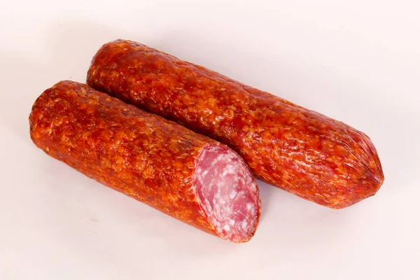 Wędliny Suche Salami Podłoże Drewniane — Zdjęcie stockowe