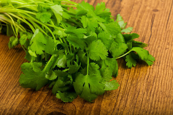Coriander leaves over wooden background