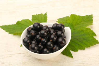 Olgun siyah kuş üzümü ile yaprak kase