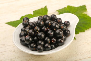 Olgun siyah kuş üzümü yaprakları ile kase