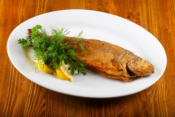 Roasted Trout Served Lemon Herbs Wooden Background — Stock Photo, Image