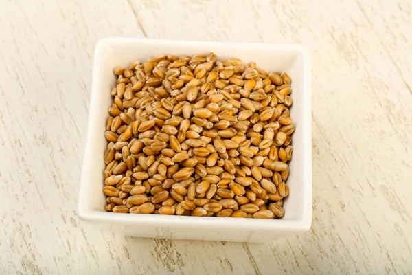 Wheat grains in the bowl over wooden background