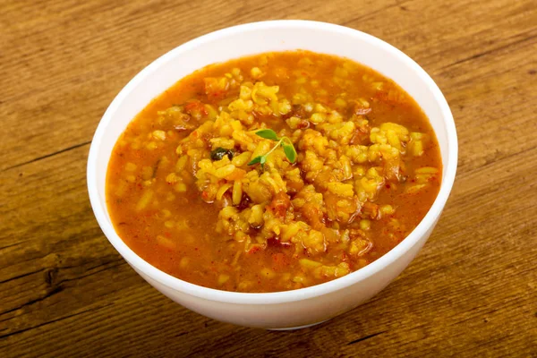 Caucasian Kharcho soup over wooden background — Stock Image Caucasian Kharcho Soup Wooden Background Stock Image