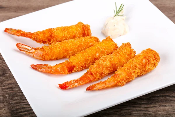 Tempura Gamberi Croccanti Caldi Con Salsa All Aglio — Foto Stock