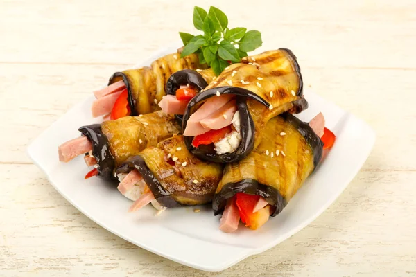 Stuffed Eggplant Ham Cheese Pepper — Stock Photo, Image