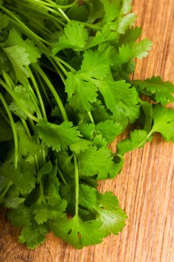 Ahşap arka plan üzerinde kişniş yaprakları