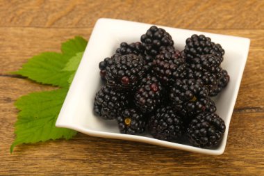 Böğürtlen yaprağı ahşap arka plan üzerinde