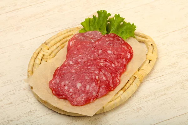 Spagna Salsiccia Salchichon Sfondo Legno — Foto Stock