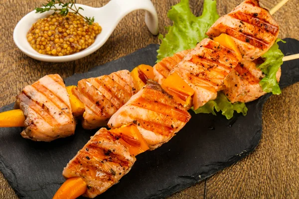 Grilled Salmon Skewer Dijon Mustars Sauce — Stock Photo, Image