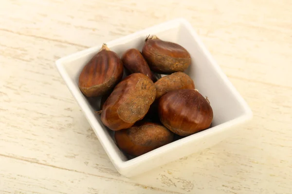 Chestnuts Bowl Wooden Background — Stock Photo, Image