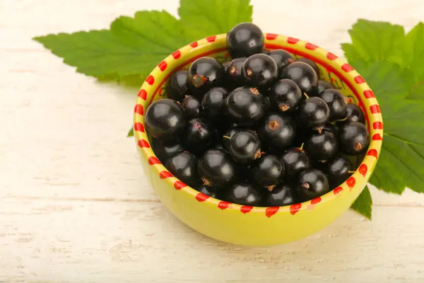 Ripe Black Currants Bowl Leaves — Stock Photo, Image