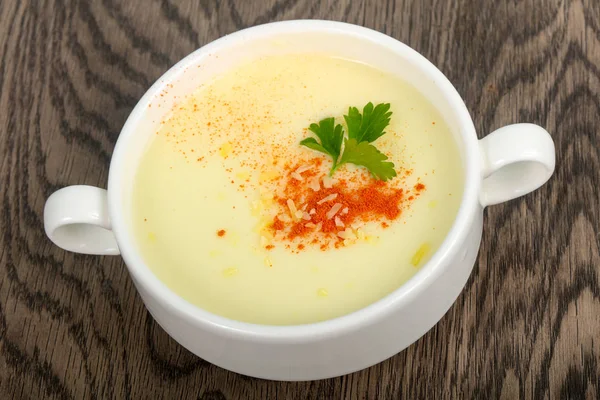 Сырный Суп Специями Деревянном Фоне — стоковое фото