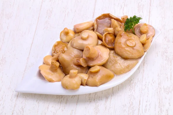 Ingemaakte Champignons Kom Met Kruiden — Stockfoto