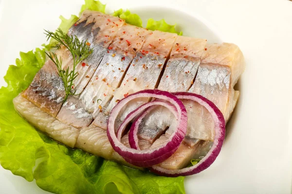 Heringsfilet Scheiben Geschnitten Mit Dill Und Zwiebeln — Stockfoto