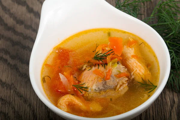 Zuppa Pesce Salmone Sfondo Legno — Foto Stock