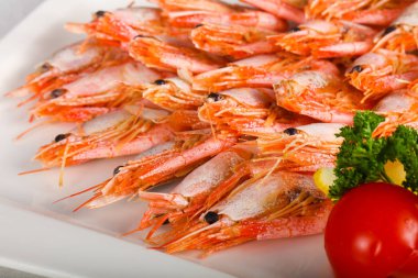 Haşlanmış karides meze beyaz plaka üzerinde