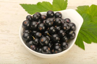 Olgun siyah kuş üzümü ile yaprak kase