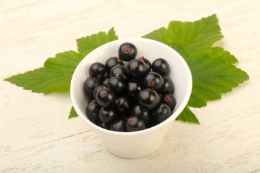 Olgun siyah kuş üzümü ile yaprak kase