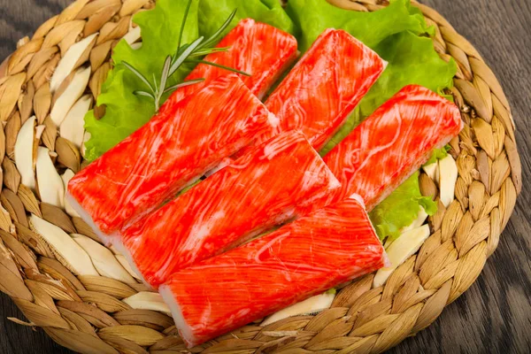 Crab sticks over the wooden background — Stock Image Crab Sticks Wooden Background Royalty Free Stock Images