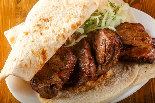 Kebab Carne Vaca Shashlik Com Pão Lavash — Fotografia de Stock