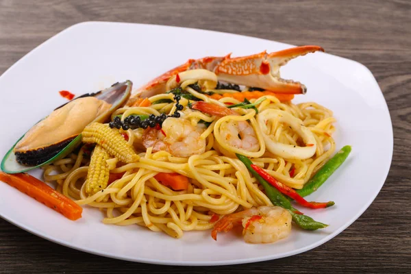 Spaghettis Fruits Mer Aux Moules Crabe Crevettes — Photo
