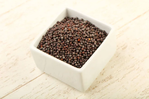 Black Mustard Seeds Heap Bowl Wooden Background — Stock Photo, Image