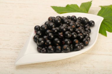 Olgun siyah kuş üzümü ile yaprak kase