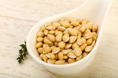 Kase ahşap arka plan üzerinde çiğ beyaz fasulye