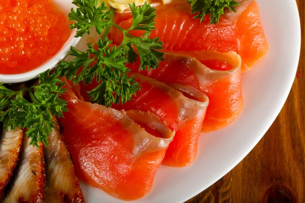 Fish Plate Trout Fillet Red Caviar Eel Served Lemon — Stock Photo, Image