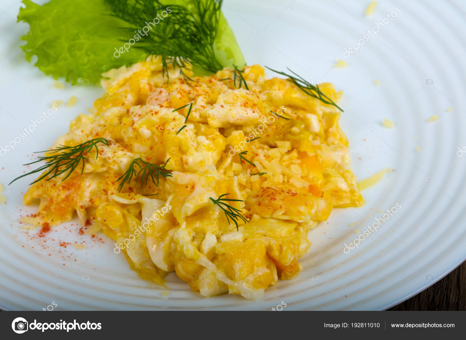 Scrambled Eggs White Table Background Stock Photo by ©AndreySt 192811010