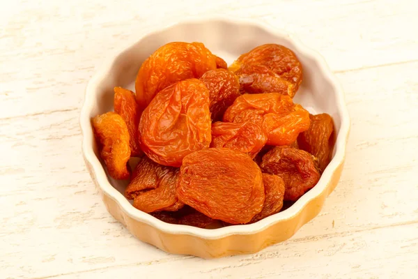 Dried Apricots Heap Bowl Wooden Background — Stock Photo, Image