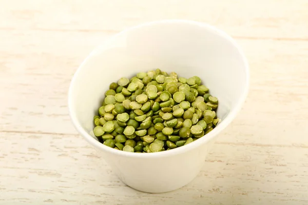 Green Peas Pile Bowl Wooden Background — Stock Photo, Image