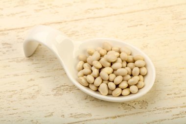 Kase ahşap arka plan üzerinde beyaz kuru fasulye