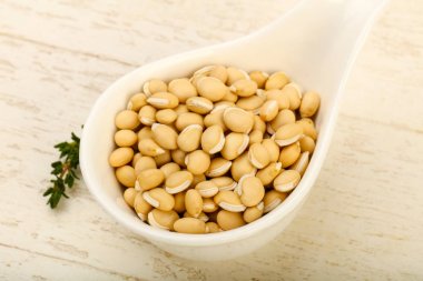 Kase ahşap arka plan üzerinde çiğ beyaz fasulye