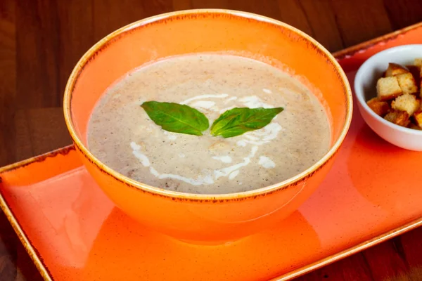Cream mushroom soup with basil — Stock Image Cream Mushroom Soup Basil Stock Picture