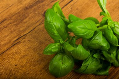 Ahşap arka plan üzerinde fesleğen yaprağı