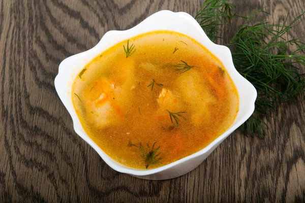 Sopa Peixe Salmão Sobre Fundo Madeira — Fotografia de Stock