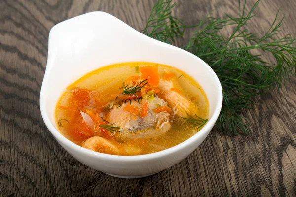 Salmon fish soup over wooden background — Stock Image Salmon Fish Soup Wooden Background Stock Picture