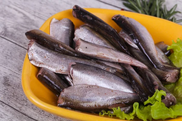 Ansjovis fisk mellanmål i skålen — Stockfoto