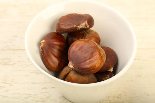 Chestnuts Bowl Wooden Background — Stock Photo, Image