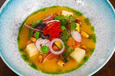 Somon ve sebzeli Gurman Çorbası kişniş ikram