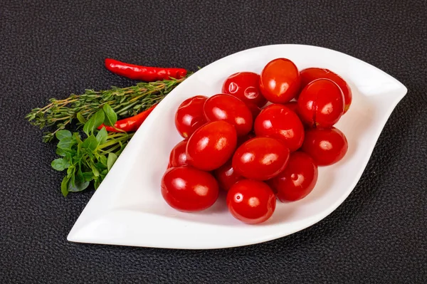 Tomate Cerise Marinée Dans Bol Servi Basilic — Photo