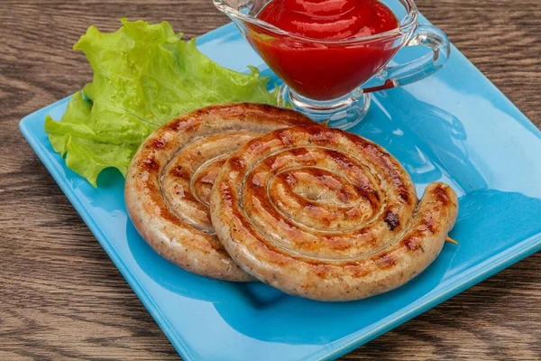 Gegrilltes Rundes Schweinefleisch Leckere Würstchen Mit Sauce — Stockfoto